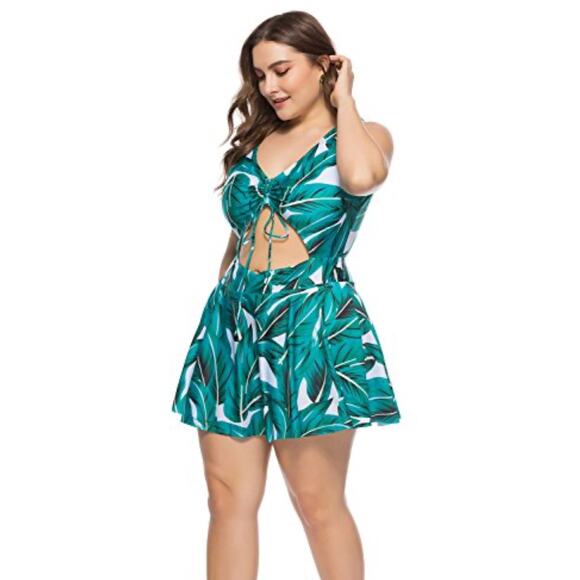 Plus Size One Piece Swimsuit Green Tropical Cutout Size 2X‎ - Picture 1 of 8